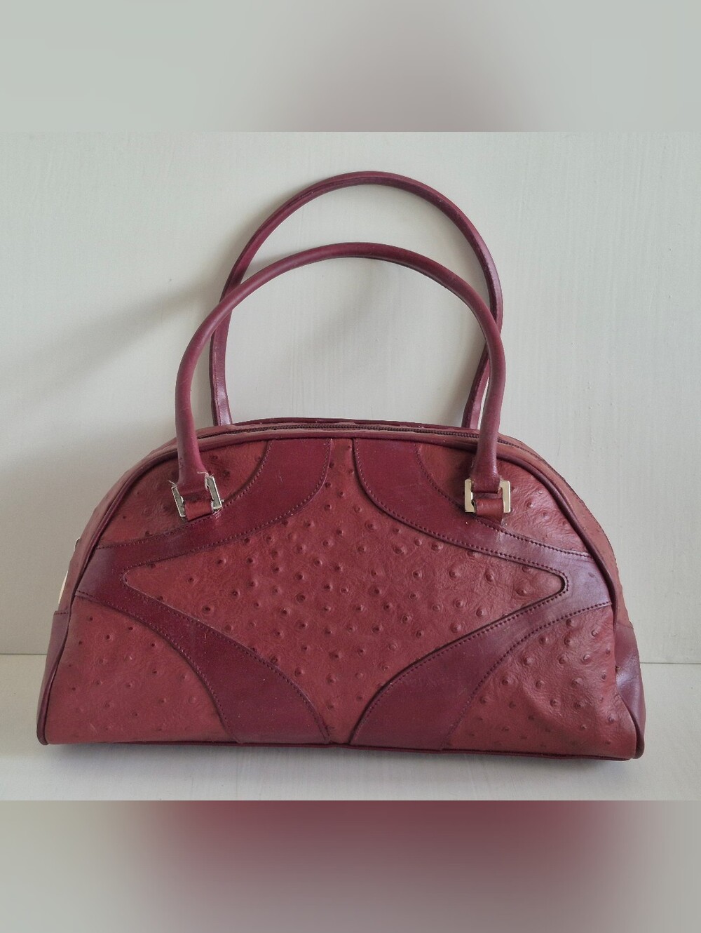 Gianni Chiarini Vintage Crimsom Red Ostrich & Leather Medium Dome Satchel